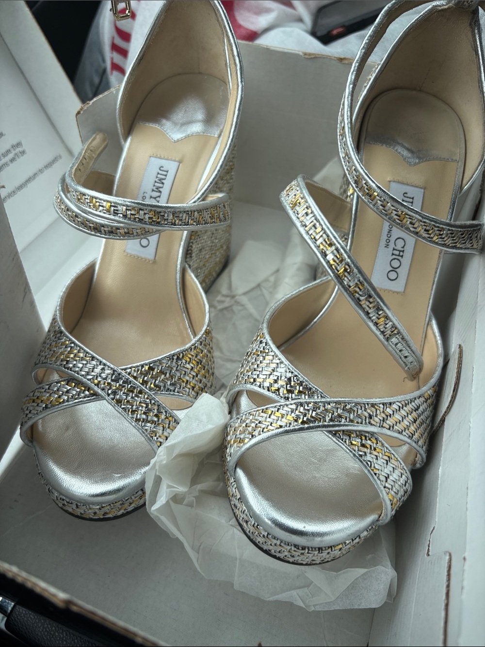 Jimmy Choo Silver and Gold Braided Platform Sandals